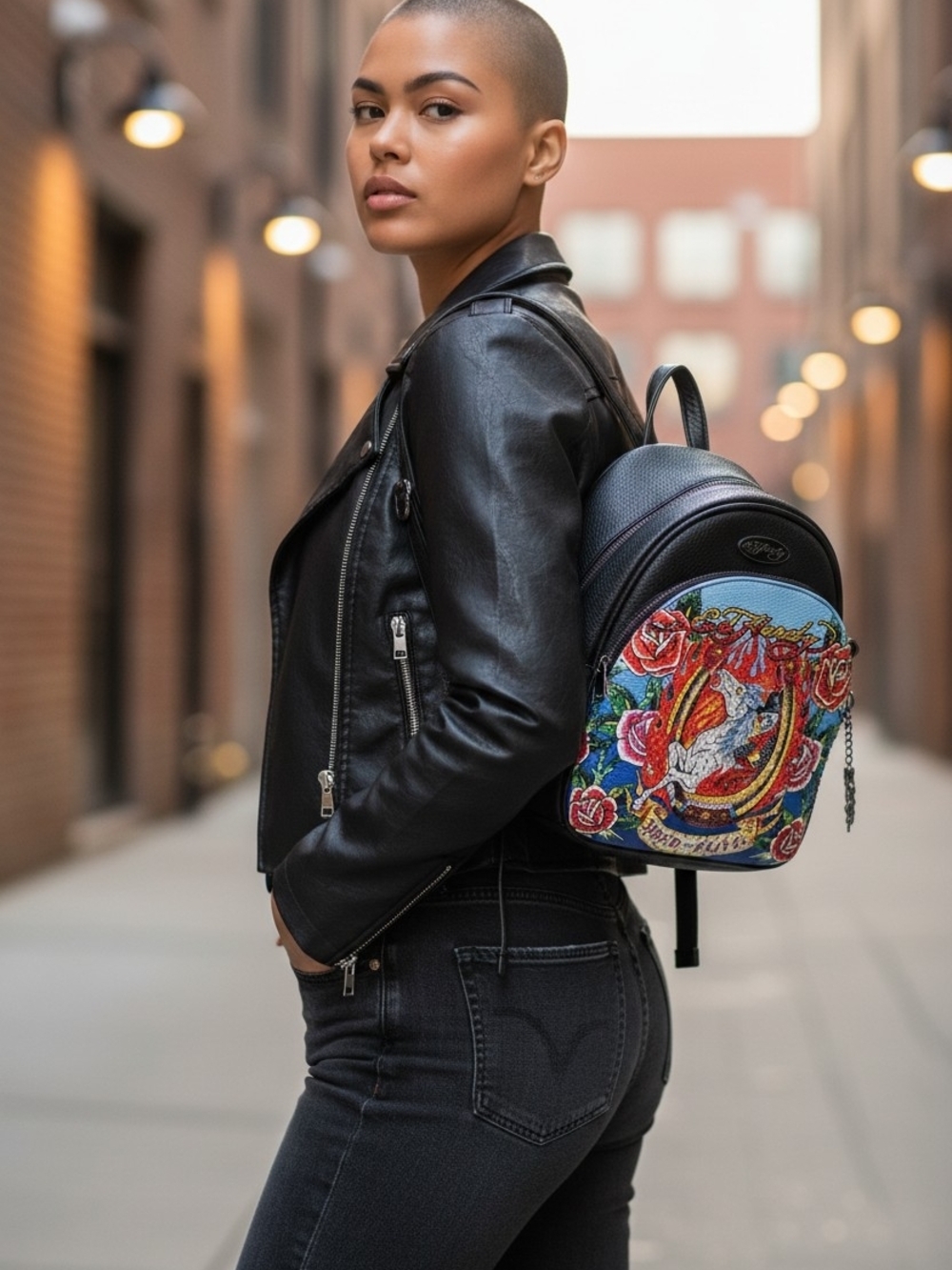 Ed Hardy Black Mini Backpack with Skelton On Horse Motif,  NWT